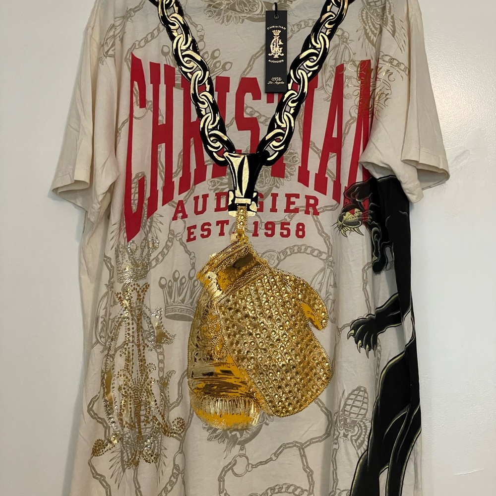 Christian Audigier Gold and Red Graphic Tee